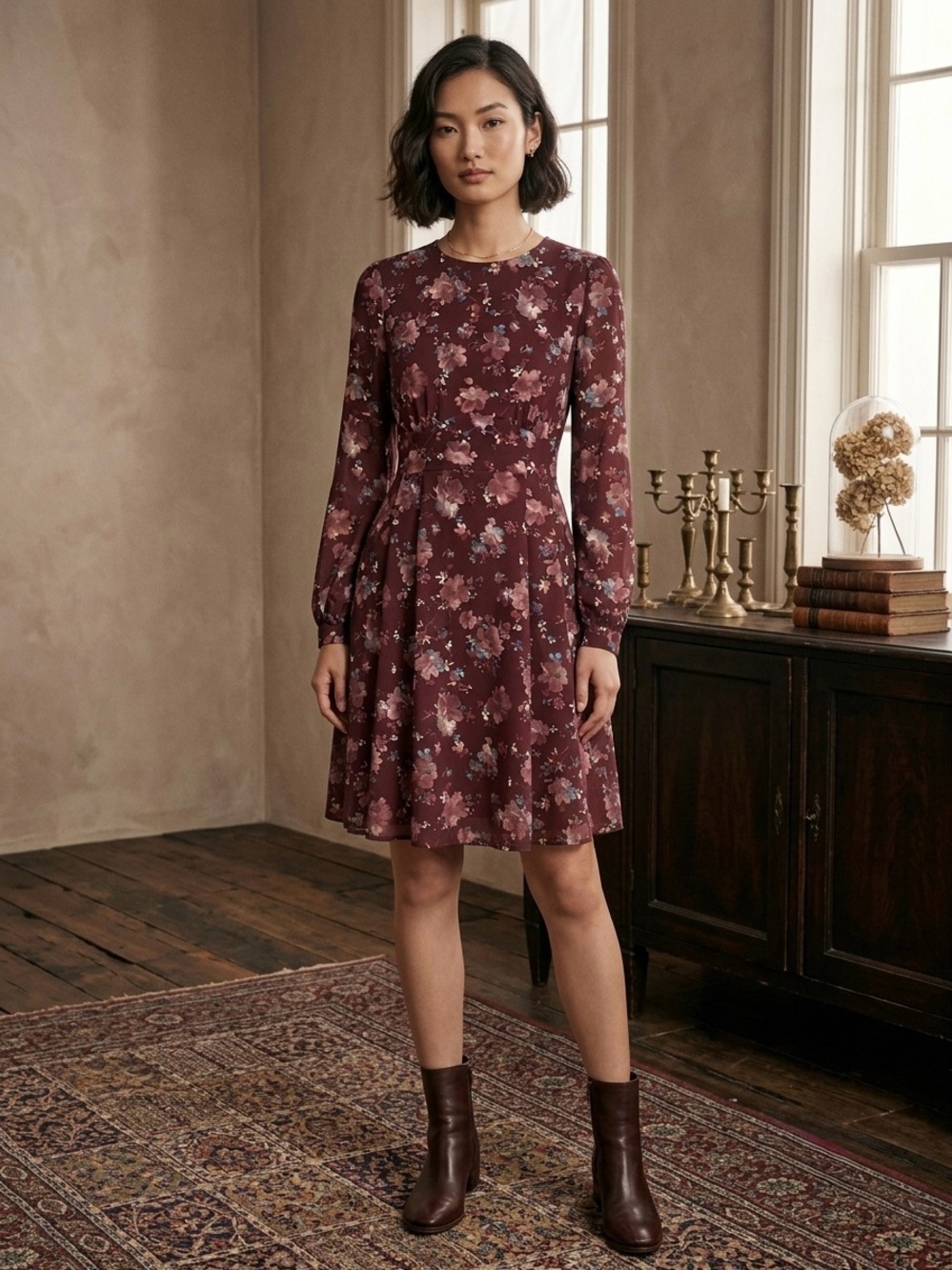 Girl.Is Floral Long Sleeve A-Line Dress in Burgundy XS/S